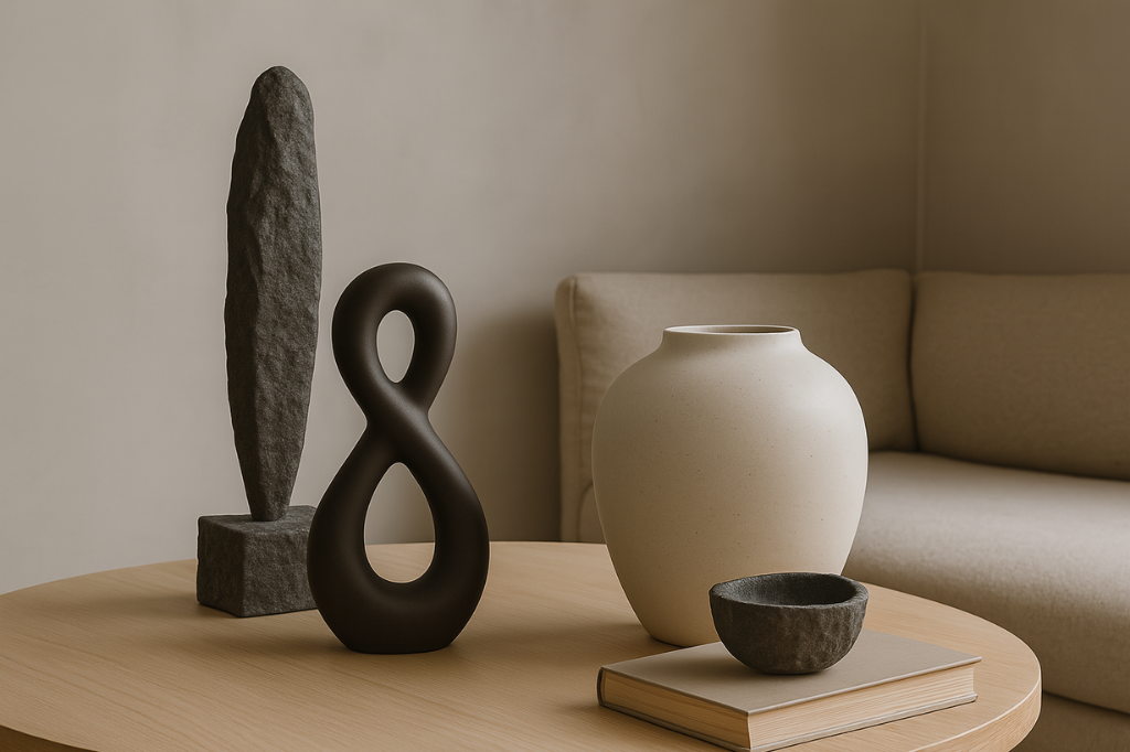 Wabi-sabi inspired home decor with dark stone sculpture, matte black abstract form, and neutral ceramic vase on a wooden table in a soft-toned interior.