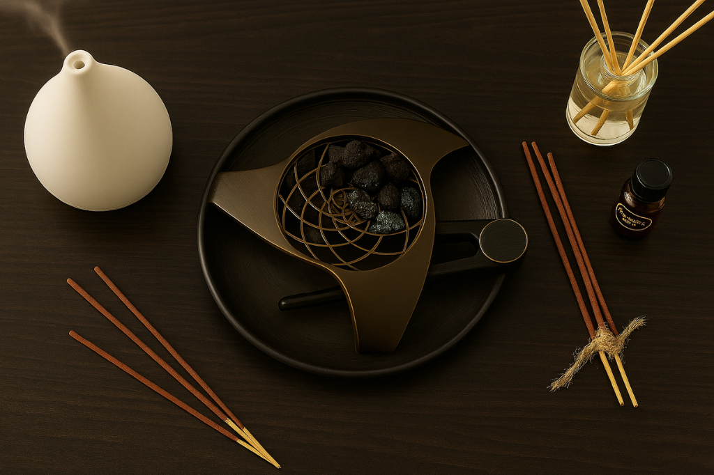 Overhead view of Kaloud Aeros with volcanic rocks, surrounded by incense sticks, essential oil bottle, and diffuser on dark wood table modern aromatherapy setup